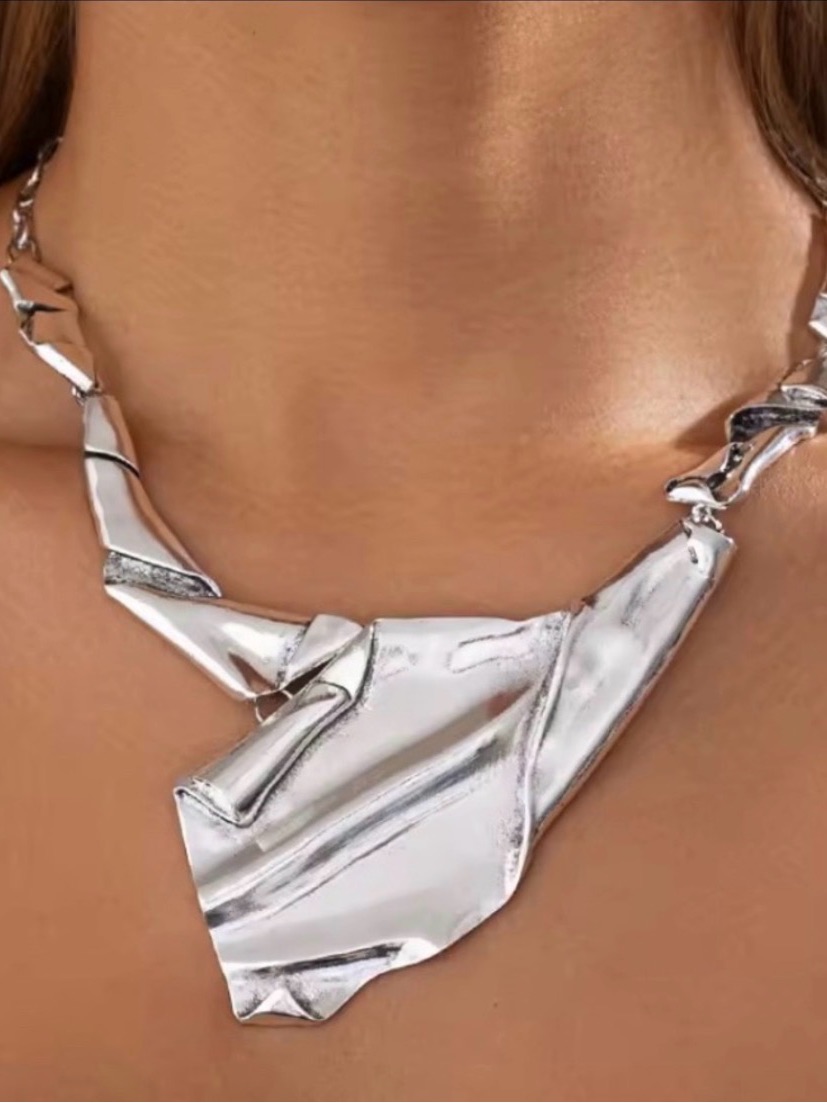 Brut Molten Crumpled Metal Collar Necklace Panel Statement Silver My30 Jn04